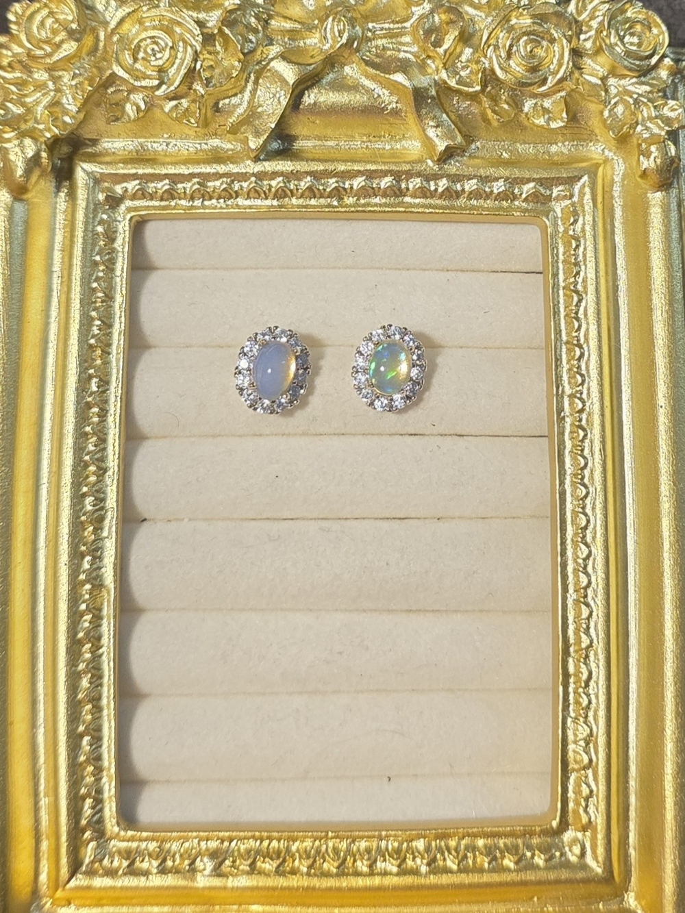 Opal Moissanite Halo Stud Earrings in Gold Tone - Elegant Women's Jewelry